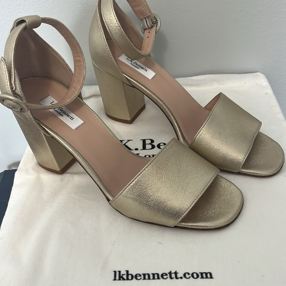 L.K. Bennett London, Hester, Soft gold, block heel strapping sandal, Sz 6.5 NWT